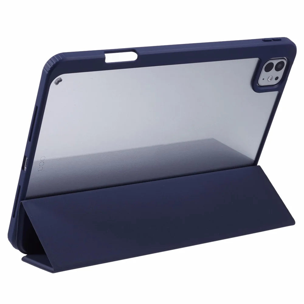 MUTURAL For iPad Pro 11 (2025) / 11 (2024) Case Tri-Fold Stand Transparent Back Leather Cover with Pen Slot - Dark Blue - 2