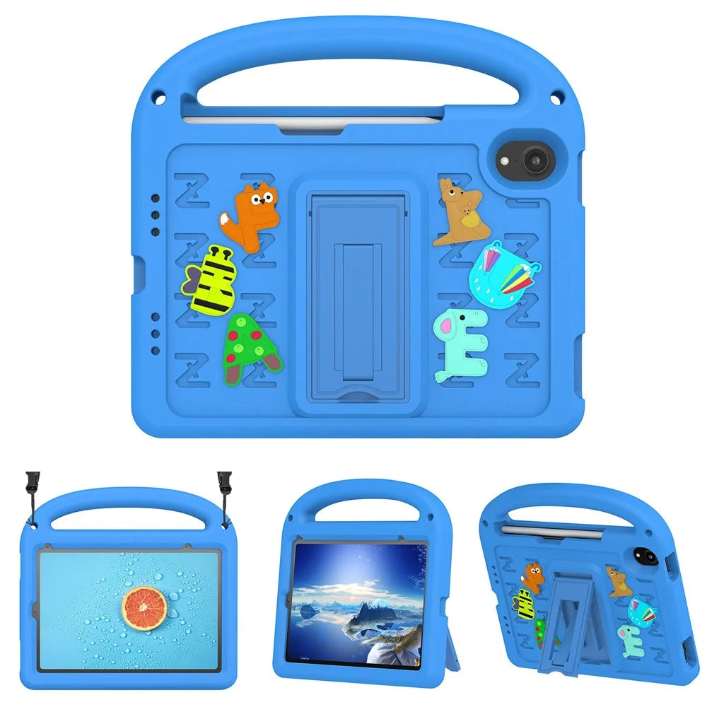 For iPad mini (2024) / mini (2021) Kickstand Case Cartoon Design Anti-Drop EVA+PC Tablet Cover with Strap for Kids - Blue - 1