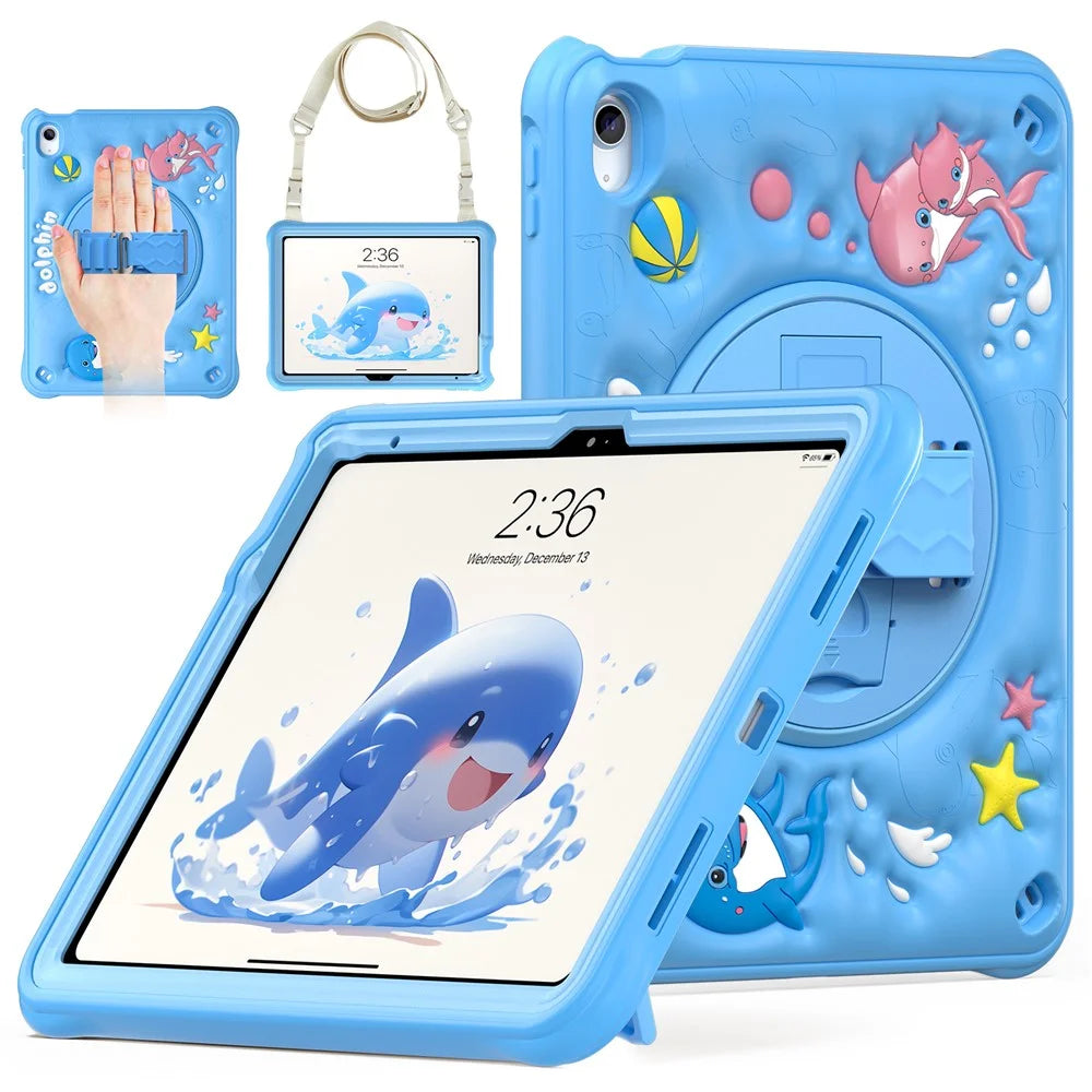 For iPad (2025) / 10.9 (2022) Case with Shoulder Strap Kickstand PC+Silicone+TPU Cute Dolphin Cover - 2