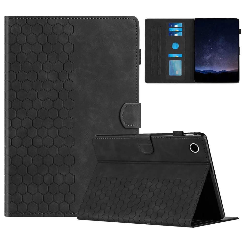 For Samsung Galaxy Tab A9+ Case Honeycomb Printed Leather Tablet Cover with Card Slot - Black - 1