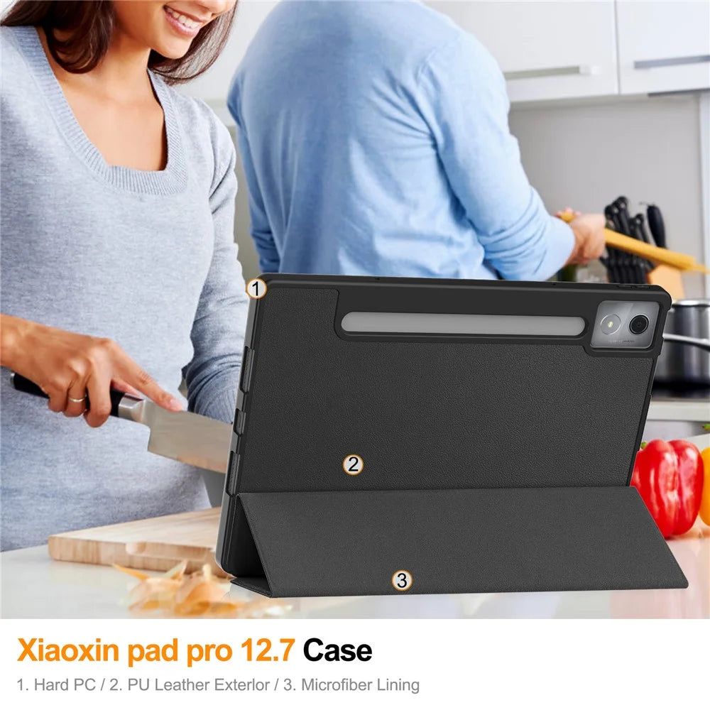 For Lenovo Xiaoxin Pad Pro 12.7 (2025) Stand Case Shock-Absorbent Leather Tablet Cover with Pen Slot - Black - 7