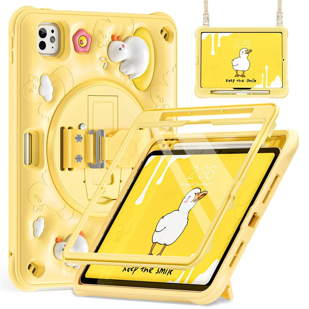 For iPad Pro 11 (2025) / 11 (2024) Case with Shoulder Strap Duck Pattern Hand Strap Kickstand PC+Silicone+TPU Cover - 3