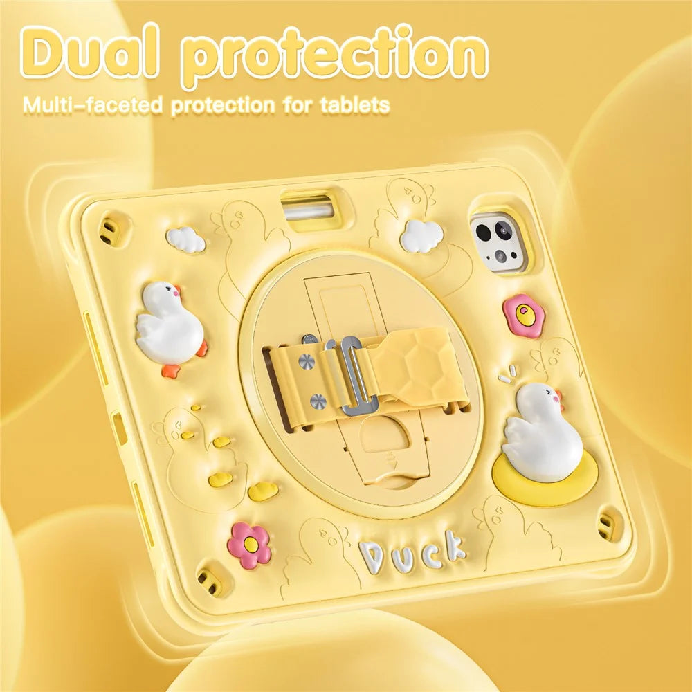 For iPad Pro 11 (2025) / 11 (2024) Case with Shoulder Strap Duck Pattern Hand Strap Kickstand PC+Silicone+TPU Cover - 4