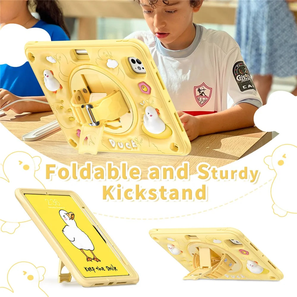 For iPad Pro 11 (2025) / 11 (2024) Case with Shoulder Strap Duck Pattern Hand Strap Kickstand PC+Silicone+TPU Cover - 5