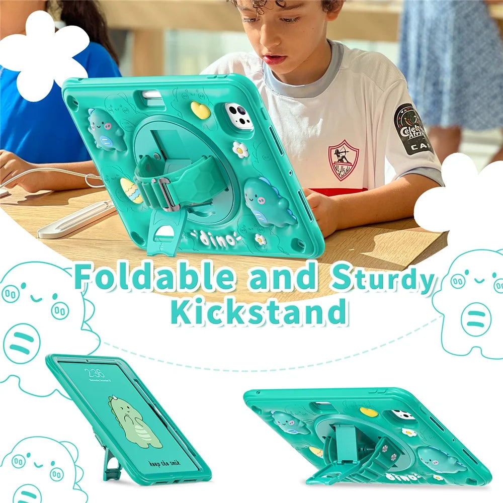 For iPad Pro 11 (2025) / 11 (2024) Case with Shoulder Strap Cartoon Dinosaur Kickstand PC+Silicone+TPU Cover - 5
