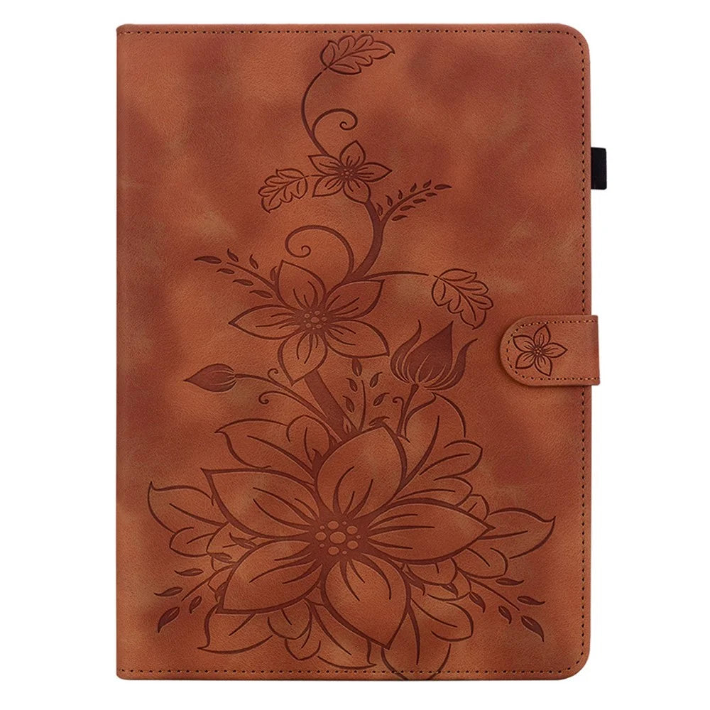 For Lenovo Tab P12 Pro 12.7 2025 / Xiaoxin Pad Pro 12.7 (2025) Case Lily Flower Imprint Card Slots Leather Tablet Cover - Brown - 5