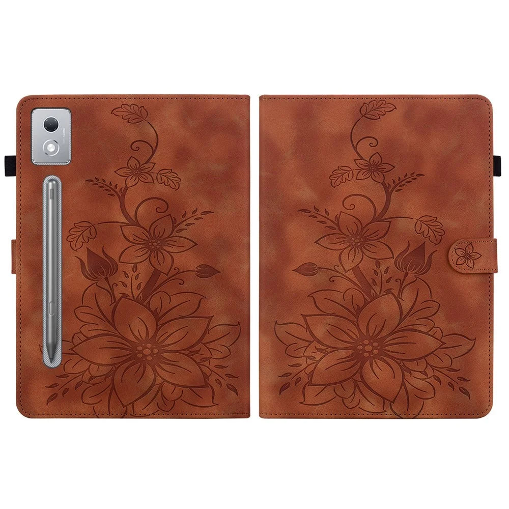 For Lenovo Tab P12 Pro 12.7 2025 / Xiaoxin Pad Pro 12.7 (2025) Case Lily Flower Imprint Card Slots Leather Tablet Cover - Brown - 7