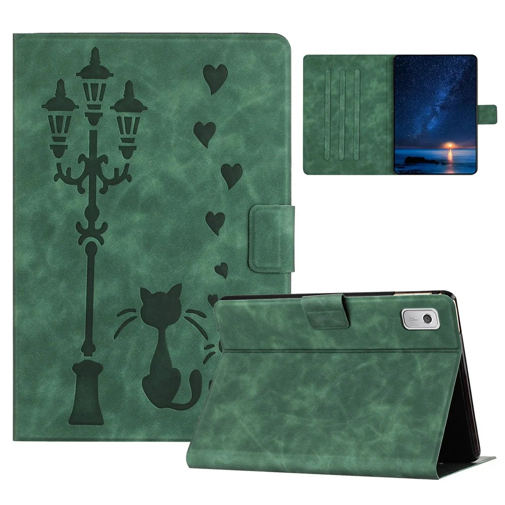 For Lenovo Tab M9 TB-310FU Case Couple Cat Imprinted Microfiber Leather Smart Tablet Cover - Green - 1