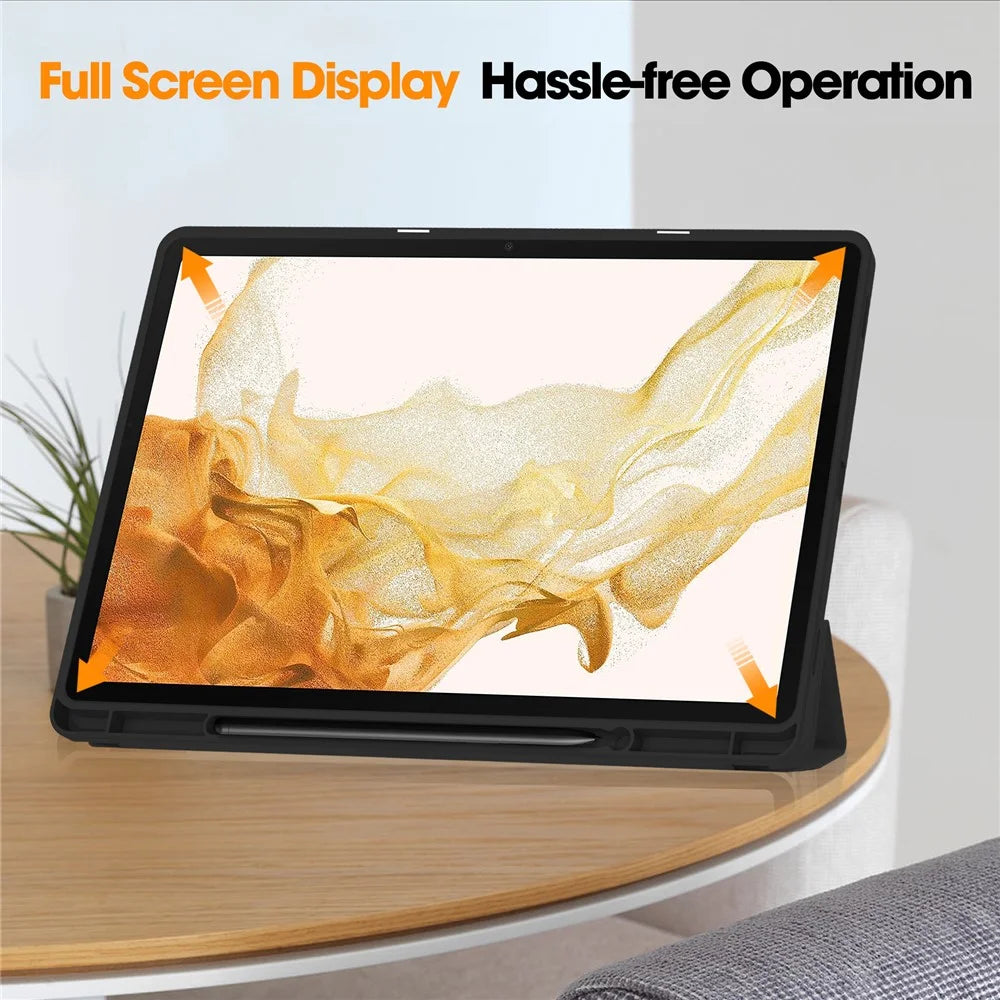 For Samsung Galaxy Tab S10+ Stand Case Shock-Absorbent Leather Tablet Cover with Pen Slot - Black - 5