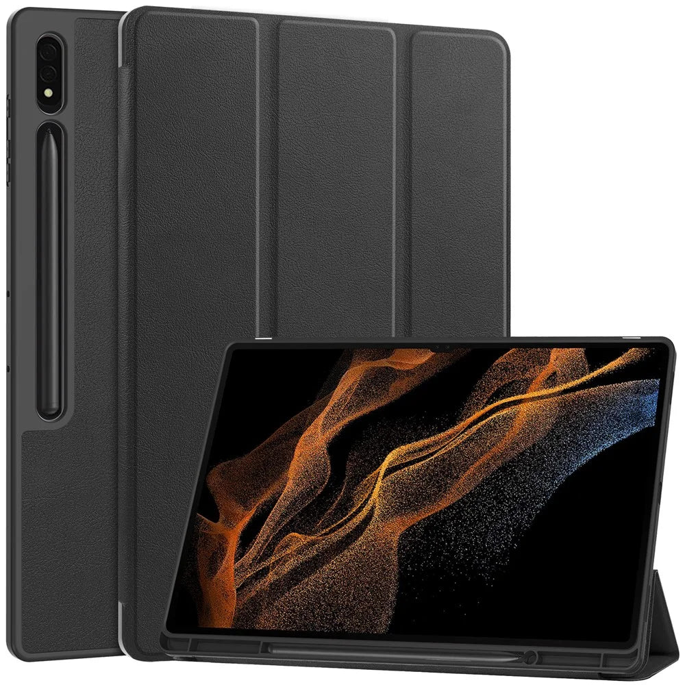 For Samsung Galaxy Tab S10 Ultra Stand Case Shock-Absorbent Leather Tablet Cover with Pen Slot - Black - 1