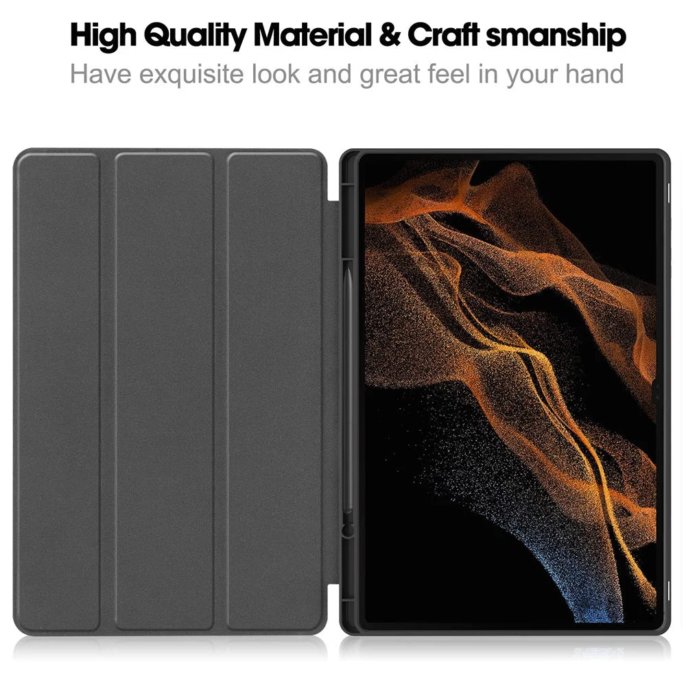 For Samsung Galaxy Tab S10 Ultra Stand Case Shock-Absorbent Leather Tablet Cover with Pen Slot - Black - 2