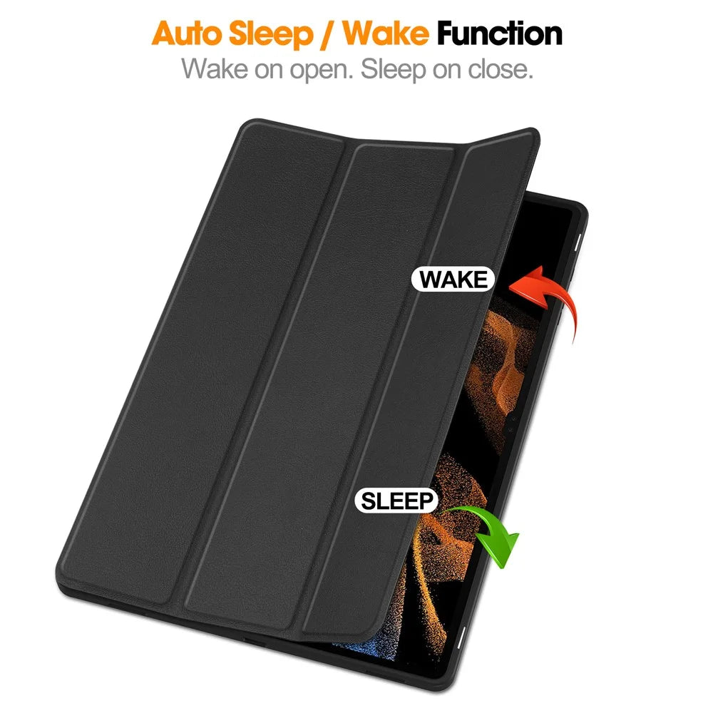 For Samsung Galaxy Tab S10 Ultra Stand Case Shock-Absorbent Leather Tablet Cover with Pen Slot - Black - 3
