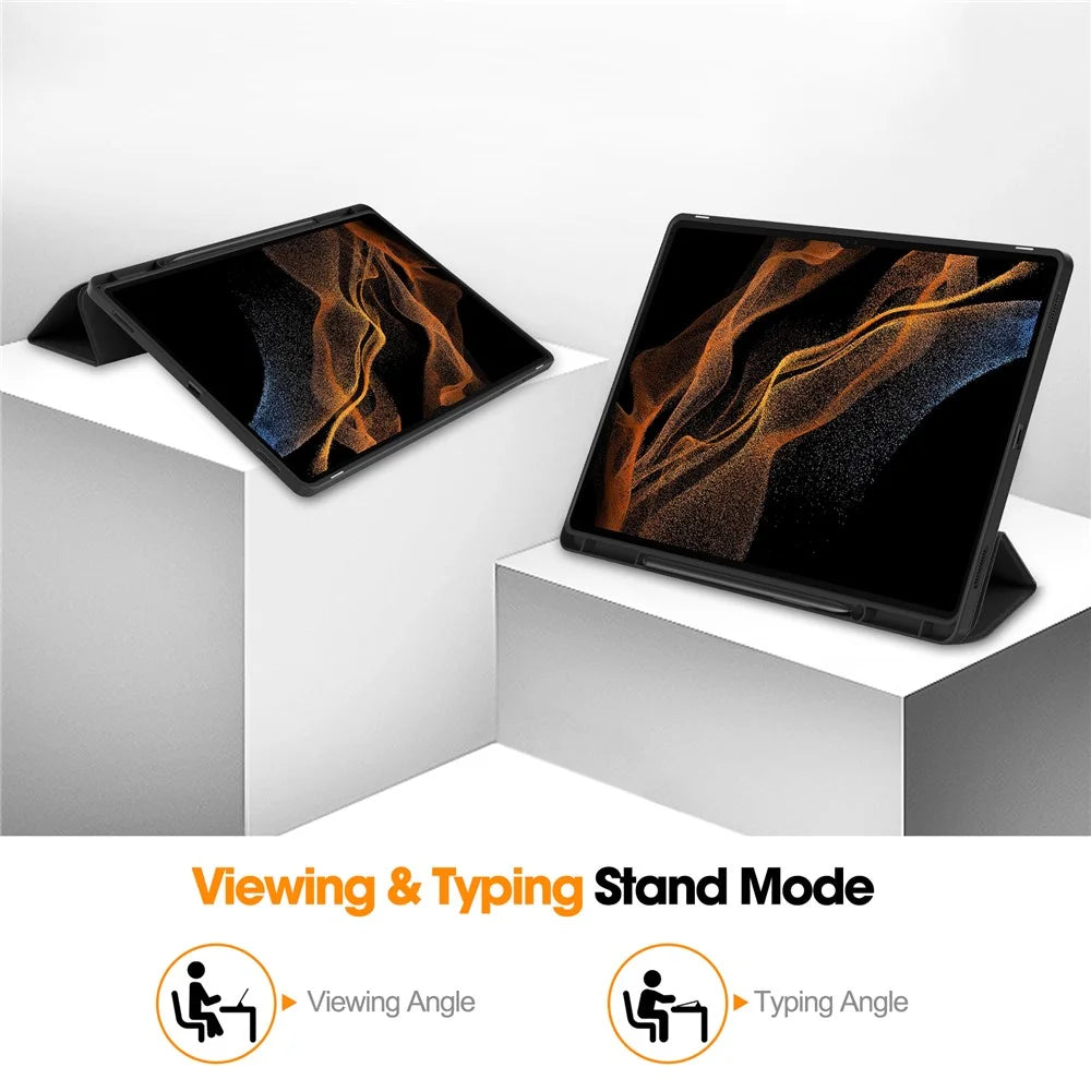 For Samsung Galaxy Tab S10 Ultra Stand Case Shock-Absorbent Leather Tablet Cover with Pen Slot - Black - 4
