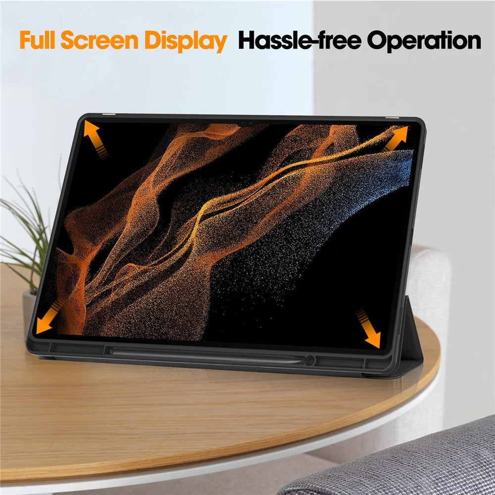 For Samsung Galaxy Tab S10 Ultra Stand Case Shock-Absorbent Leather Tablet Cover with Pen Slot - Black - 5