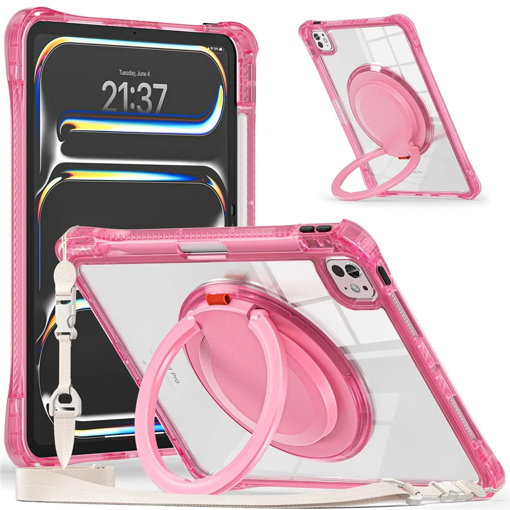 For iPad Pro 11 (2025) / 11 (2024) Case with Shoulder Strap Rotary Kickstand PC+TPU+Acrylic Tablet Cover - Rose - 2