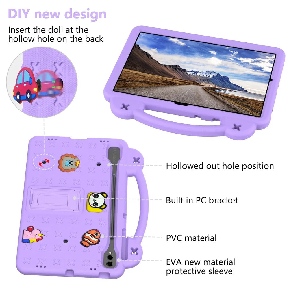 For Samsung Galaxy Tab S10+ / S9+ / S9 FE+ Case Kids Cartoon Patterns Hand Grip Kickstand Tablet EVA Cover - Purple - 7