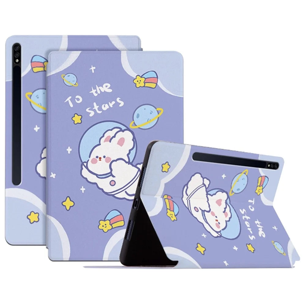 For Samsung Galaxy Tab S8+ / Tab S7+ / Tab S7 FE, Shockproof Case Cartoon Pattern Printed PU Leather Cover Auto Wake / Sleep Tablet Case with Stand - Space Rabbit - 1