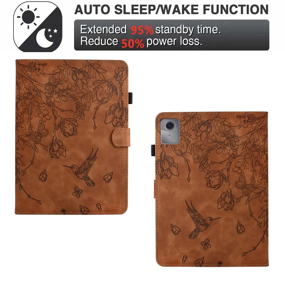For Lenovo Tab M11 / Xiaoxin Pad 11 2024 Case Flower Bird Imprinted Card Holder Leather Tablet Cover - Brown - 5