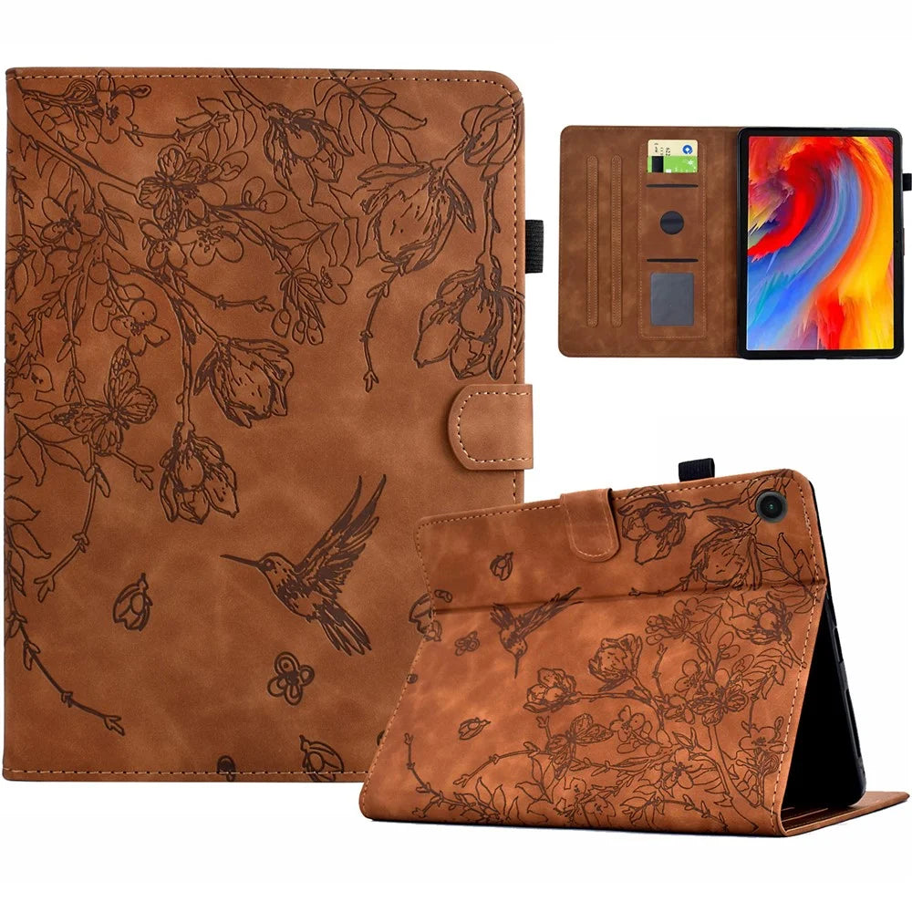 For Lenovo Tab M10 Plus (3rd Gen) Case Flower Bird Imprinted Card Holder Leather Tablet Cover - Brown - 1