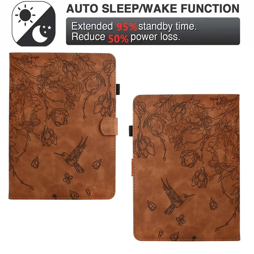 For Amazon Kindle Paperwhite (2021) 6.8 inch Case Flower Bird Imprinted Card Holder Leather Cover - Brown - 5