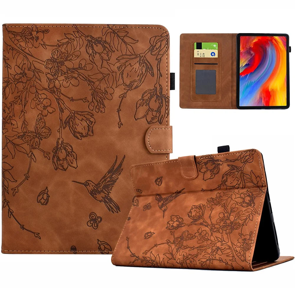 For Amazon Kindle 11th (2024) / 6'' (2022) Case Flower Bird Imprinted Card Holder Leather Tablet Cover - Brown - 1