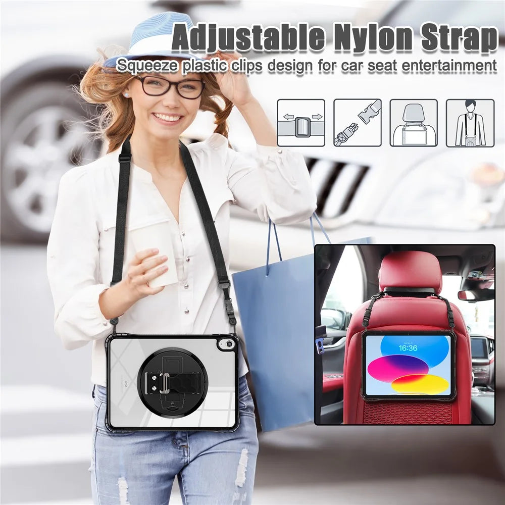 For iPad (2025) / 10.9 (2022) Kickstand Case Hand Strap PC+TPU+Acrylic Cover with Shoulder Strap - Black - 5