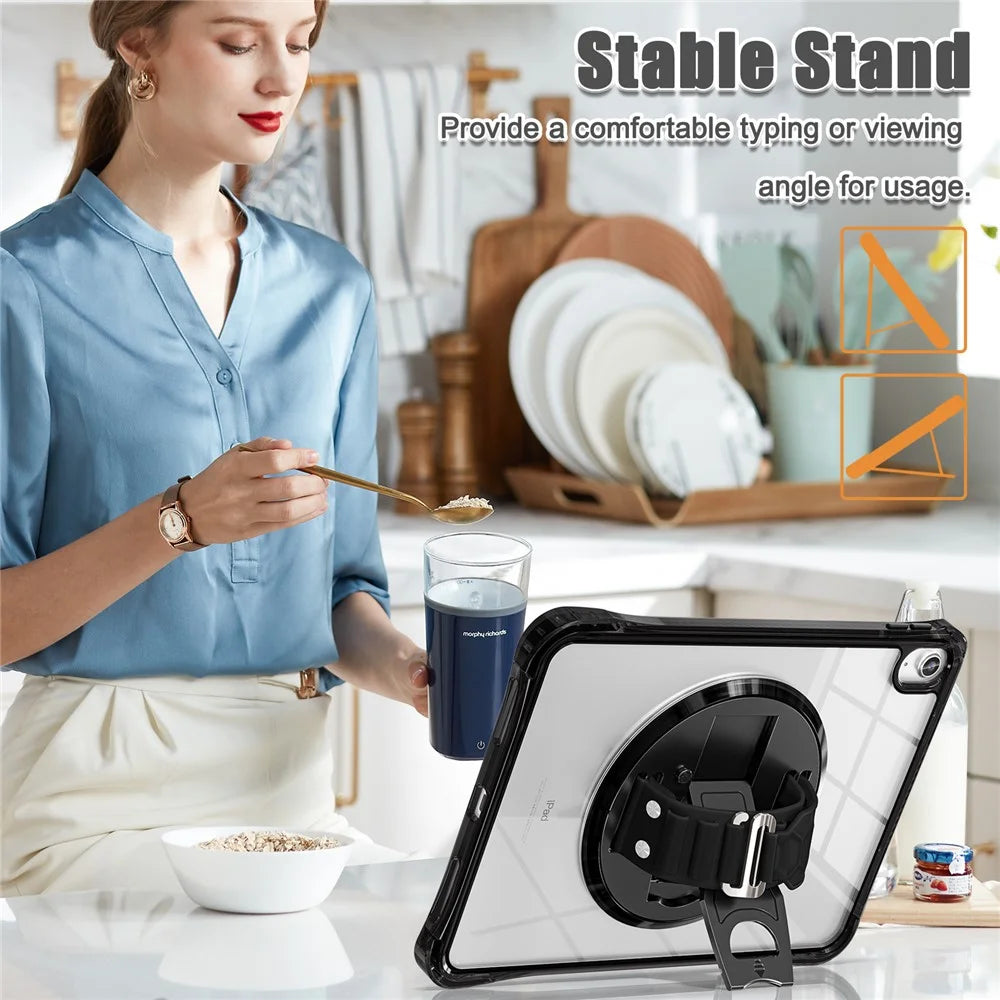 For iPad (2025) / 10.9 (2022) Kickstand Case Hand Strap PC+TPU+Acrylic Cover with Shoulder Strap - Black - 6