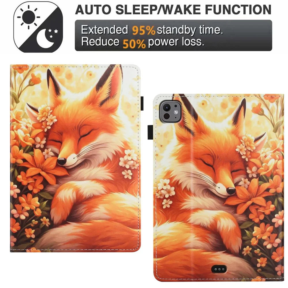 For iPad Pro 11 (2025) / 11 (2024) Case Pattern Leather Tablet Cover with Auto Sleep / Wake, Card Holder - Flower Fox - 6