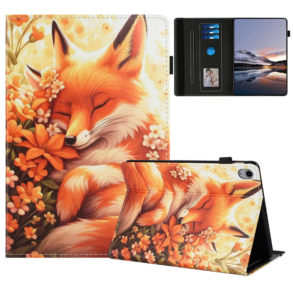 For iPad (2025) / 10.9 (2022) Case Pattern Leather Tablet Cover with Auto Sleep / Wake, Card Holder - Flower Fox - 1