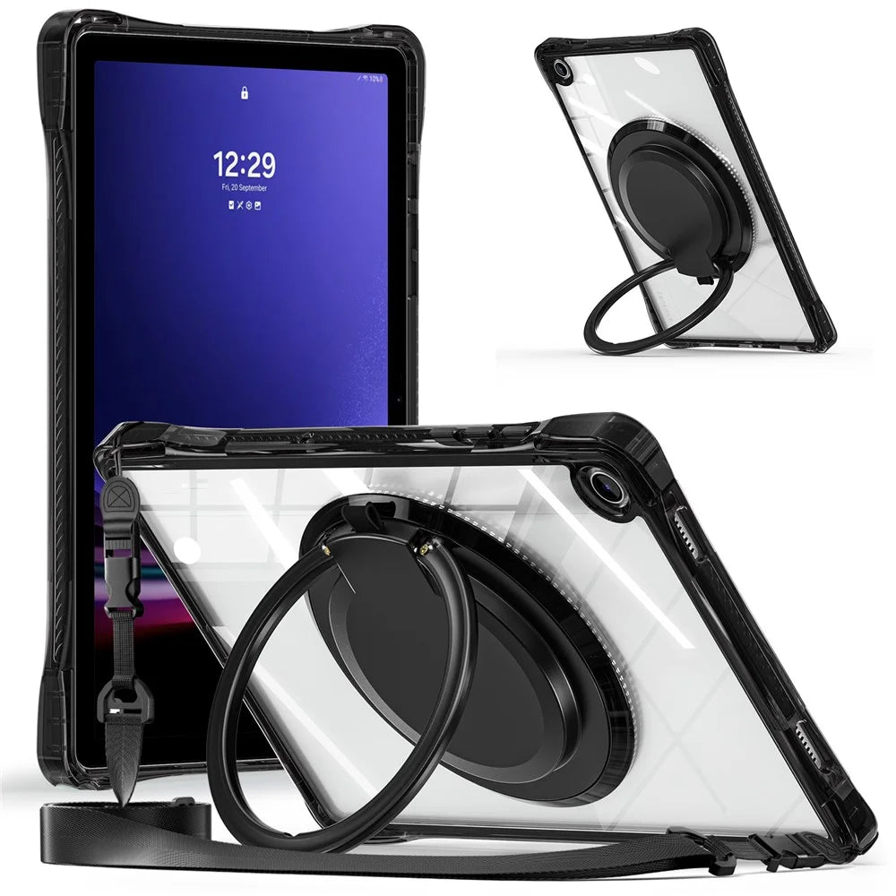 For Samsung Galaxy Tab A9+ SM-X210 / X216 / X218 Case with Shoulder Strap Kickstand PC+TPU+Acrylic Tablet Cover - Black - 1