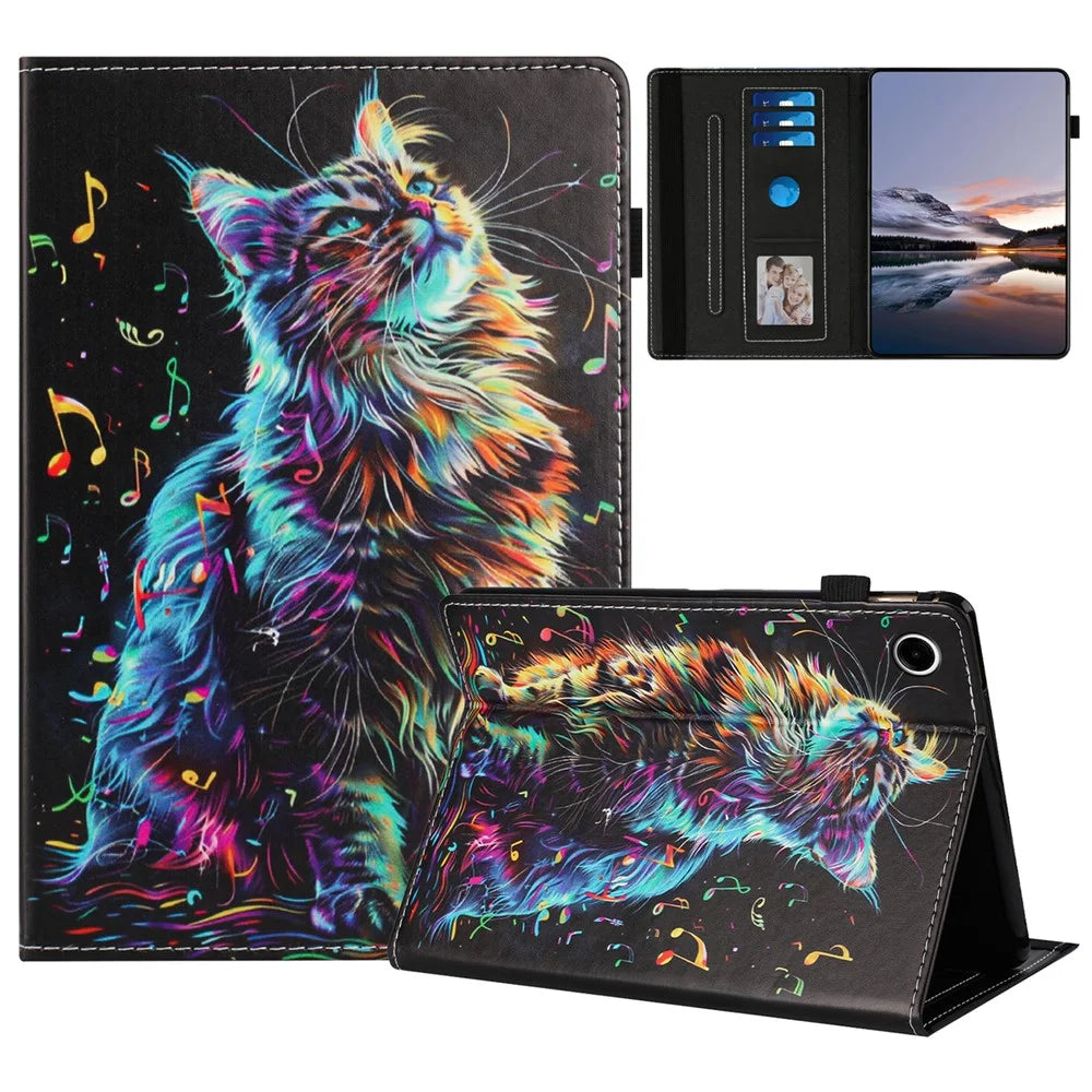 For Samsung Galaxy Tab A9 Case Pattern Leather Tablet Cover with Auto Sleep / Wake, Card Holder - Musical Note Cat - 1