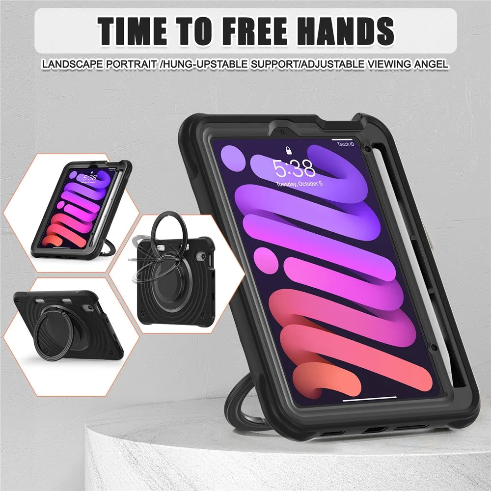 For iPad mini (2024) / (2021) Case with Shoulder Strap Kickstand PC Silicone TPU Tablet Cover - Black - 6