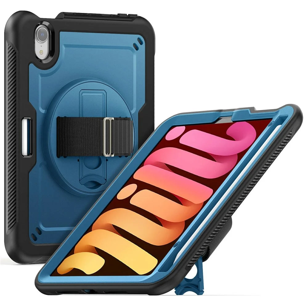 For iPad mini (2024) / (2021) Case Hand Band Kickstand PC + TPU Tablet Cover with Shoulder Strap and Pencil Holder - Navy Blue - 1