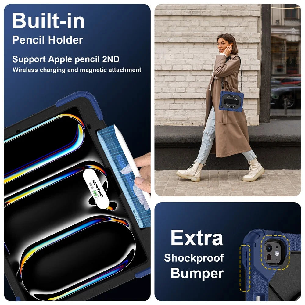 For iPad Pro 13 (2025) / 13 (2024) Case Silicone + PC Kickstand Tablet Cover with Handy Strap, Shoulder Strap - Navy Blue / Black - 2