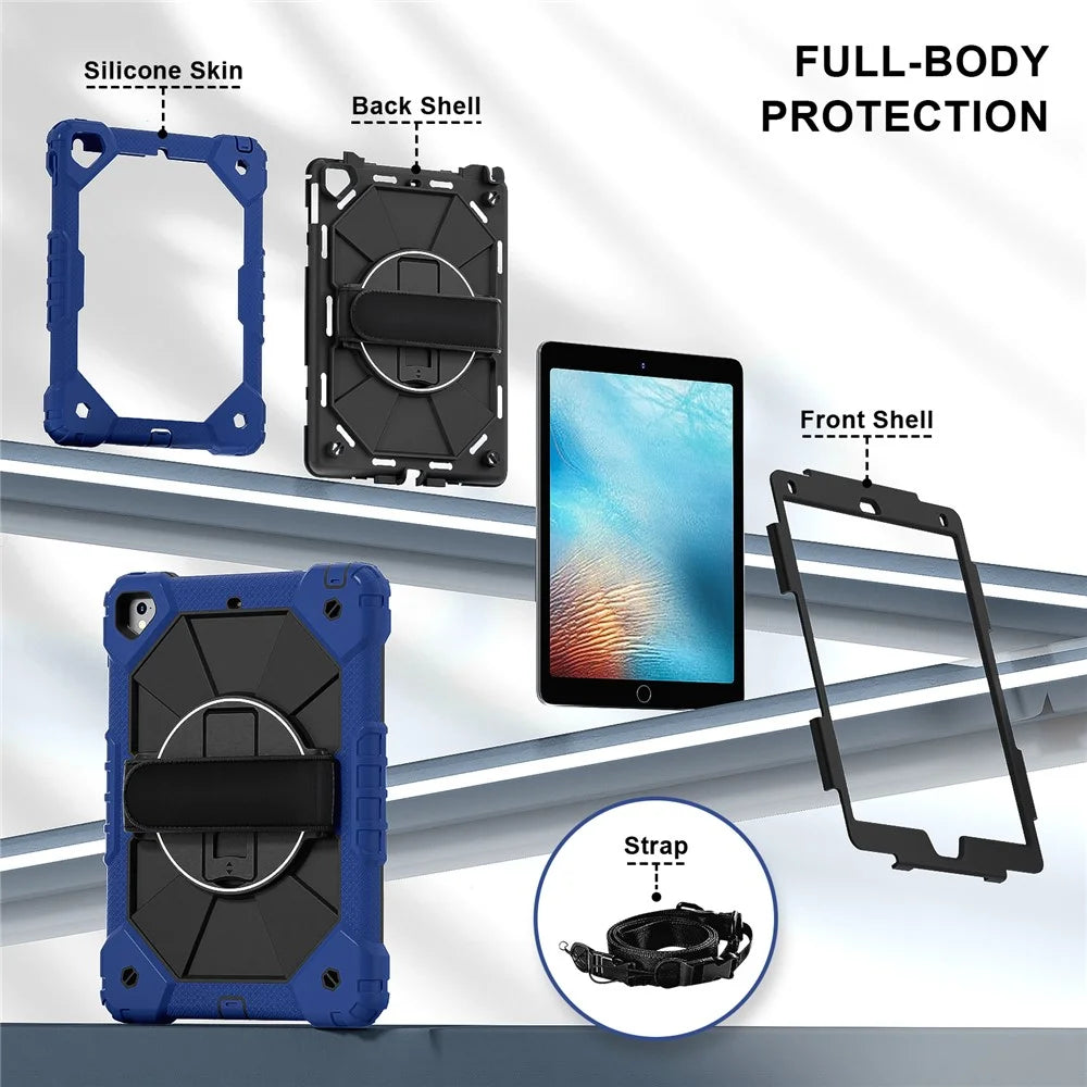 Tablet Case For iPad 9.7-inch (2018) / (2017) / Air 2 Silicone + PC Kickstand Cover with Handy Strap, Shoulder Strap - Navy Blue / Black - 2