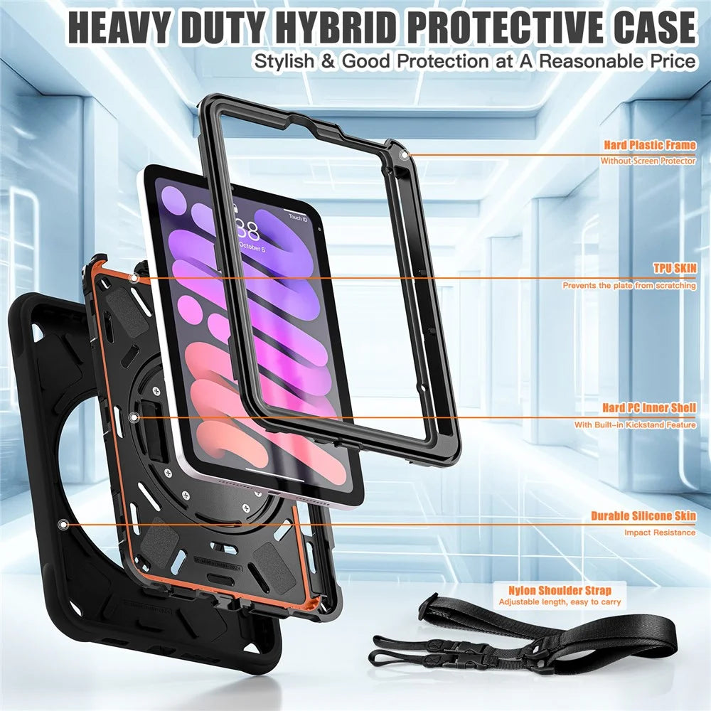 For iPad mini (2024) / (2021) Case with Shoulder Strap Kickstand PC + Silicone + TPU Tablet Cover - Black - 2