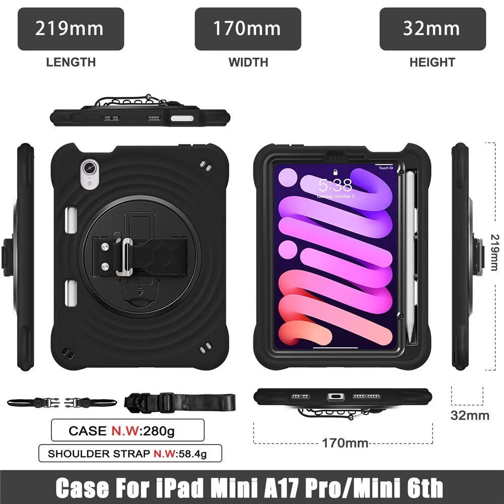 For iPad mini (2024) / (2021) Case with Shoulder Strap Kickstand PC + Silicone + TPU Tablet Cover - Black - 6