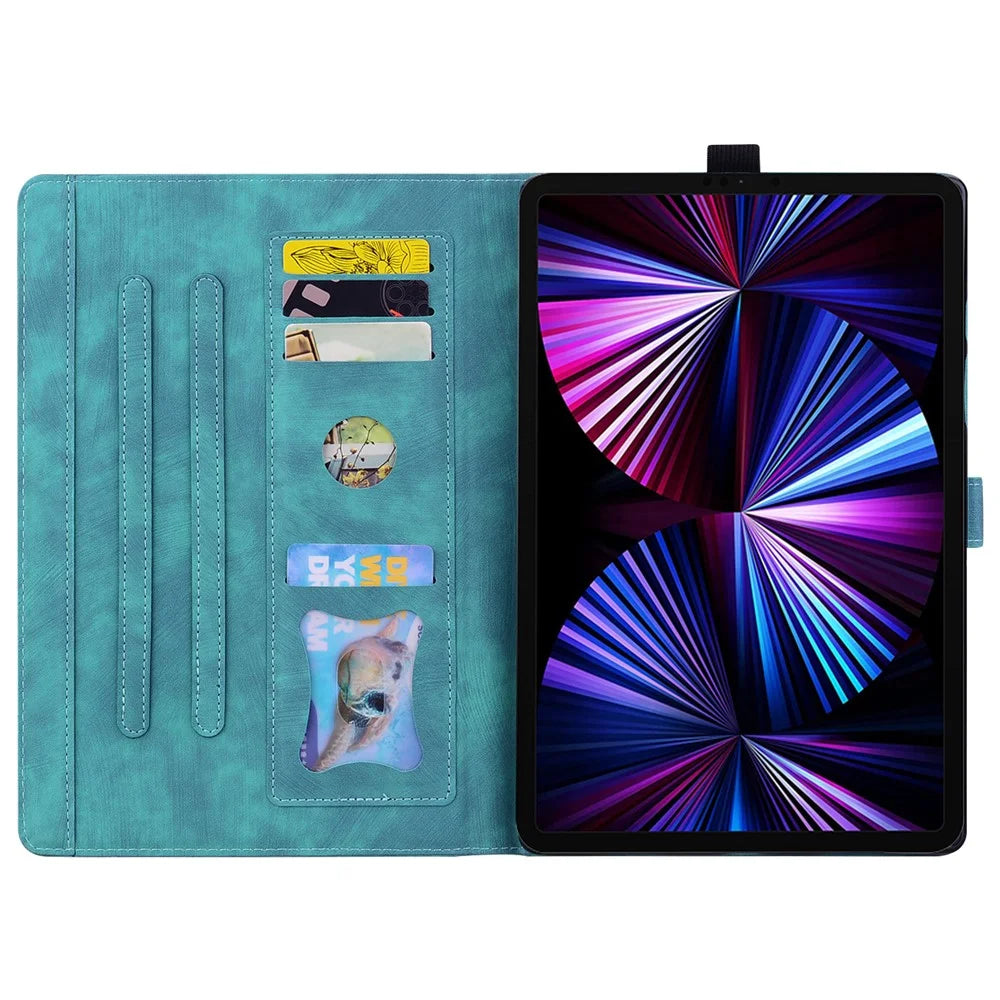 For Samsung Galaxy Tab S10 FE+ Case Card Slots Leather Tablet Stand Folio Cover Flower Cat - Green - 2