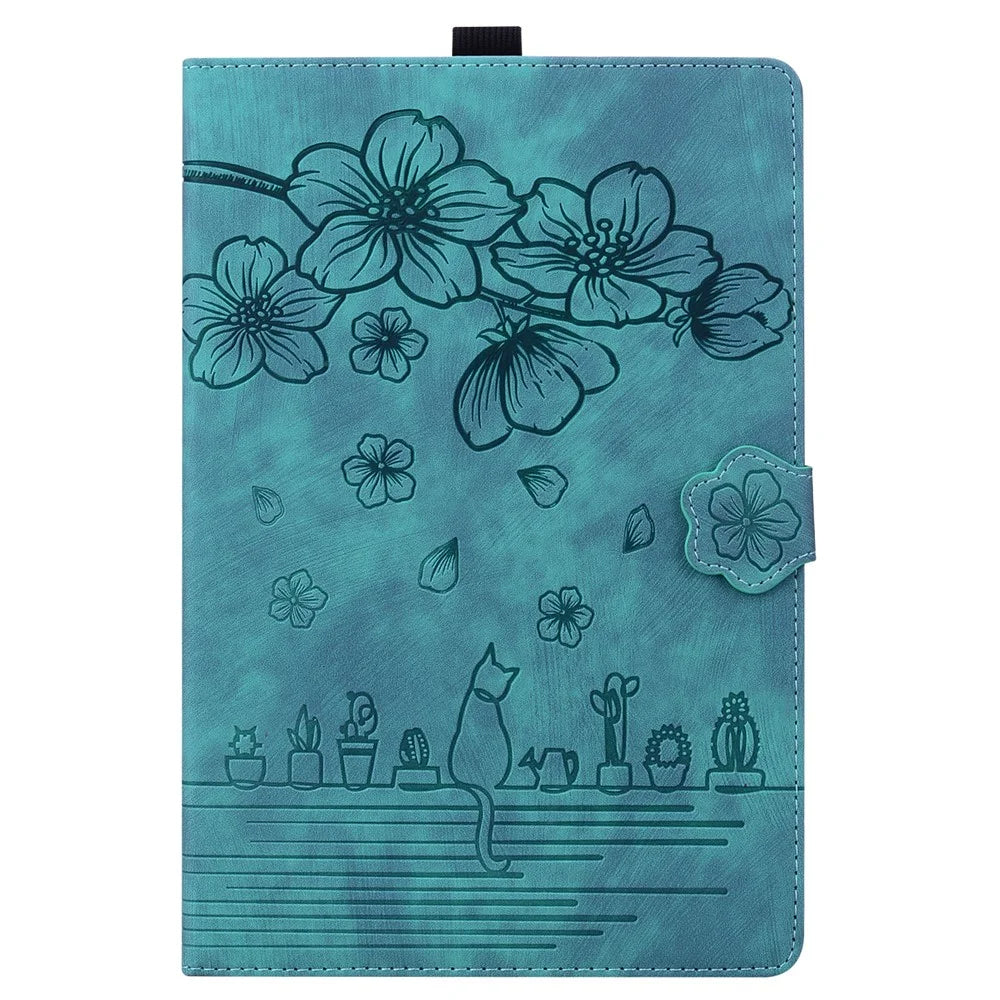 For Samsung Galaxy Tab S10 FE+ Case Card Slots Leather Tablet Stand Folio Cover Flower Cat - Green - 7