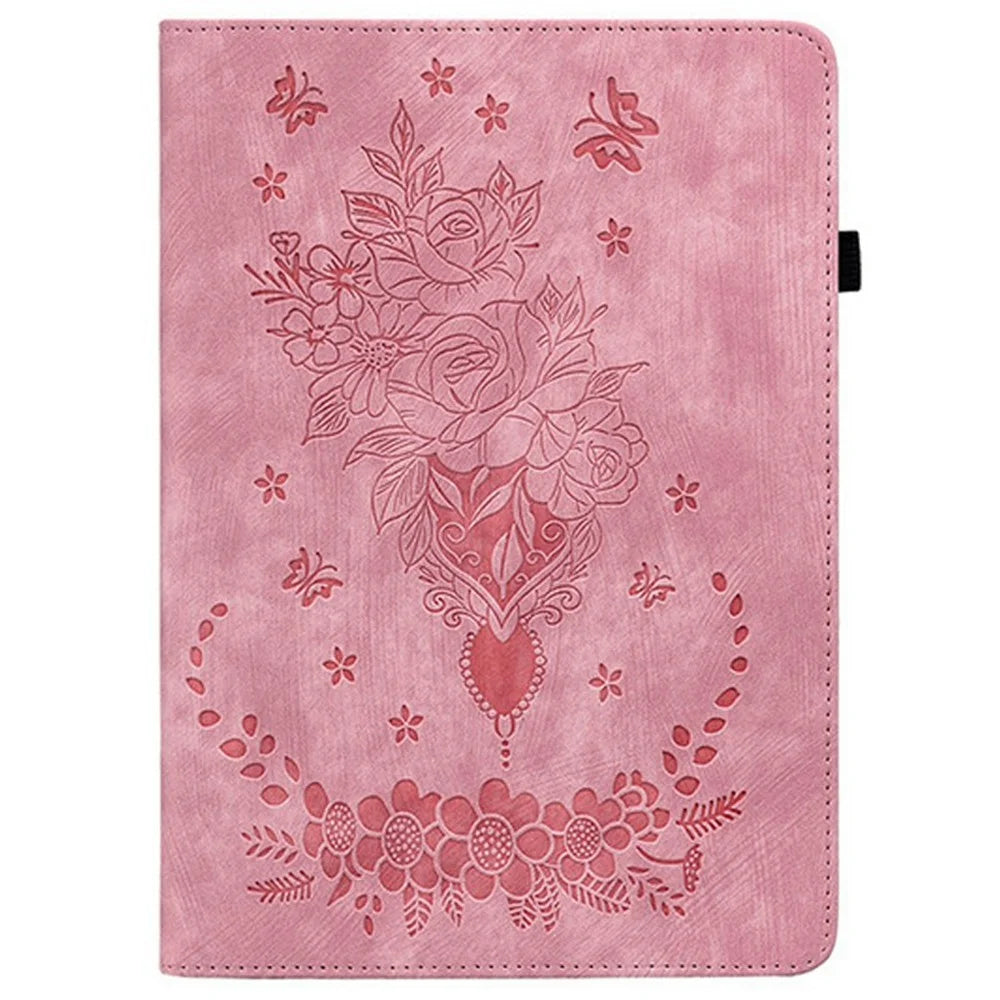 For itel Vistatab 30 Case Card Holder Anti-Scratch Leather Cover Rose Flower Imprint - Pink - 5