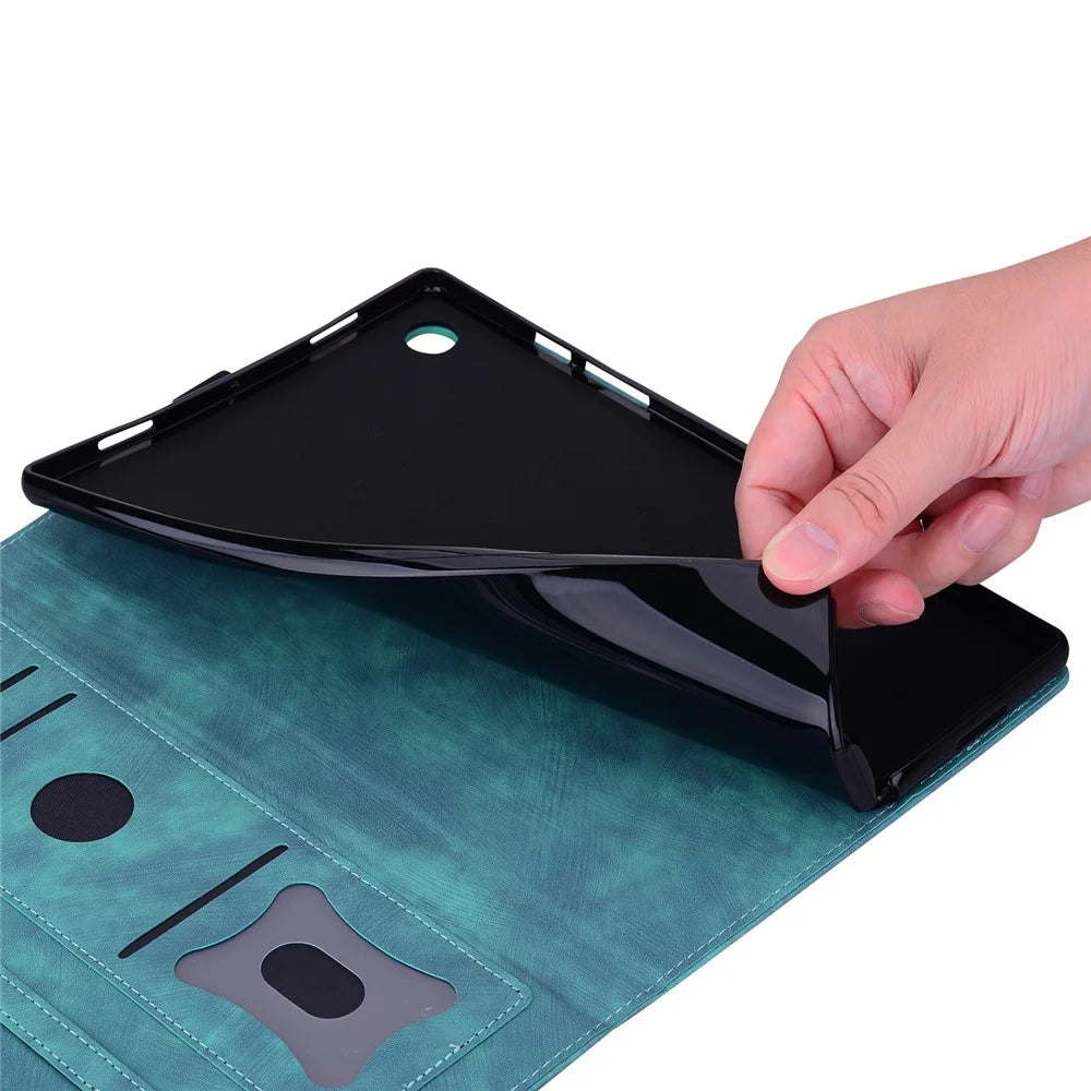 For Samsung Galaxy Tab S10 FE+ Case Flip Stand Leather Phone Cover Cherry Blossom Cat Imprinted - Green - 4