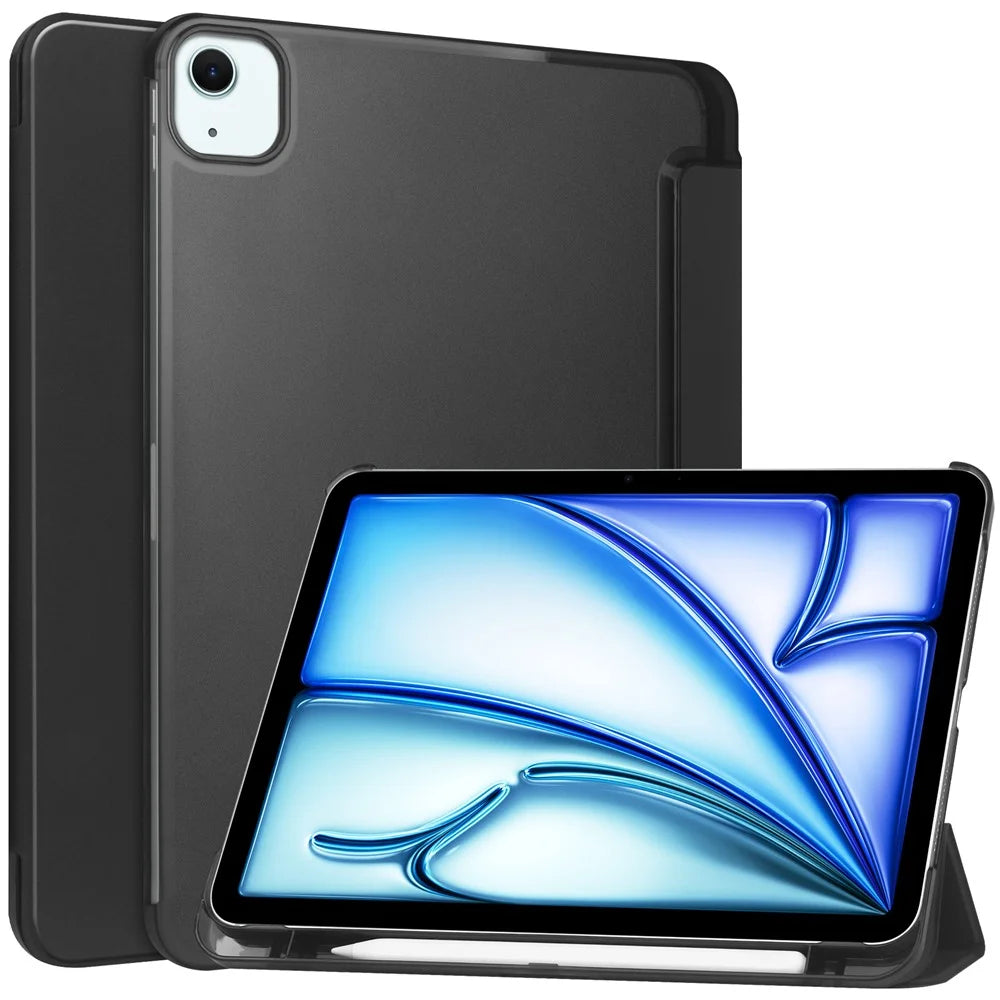 For iPad Air 13 (2026) / (2025) / (2024) Case PU Leather Smart Tablet Cover Smooth Matte Back, Built-In Pencil Holder - Black - 1