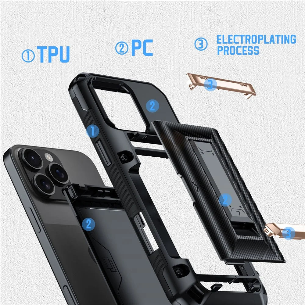 For iPhone 16 Pro Max Case TPU + PC Armor Shockproof Phone Cover with Card Holder - Gold - 4