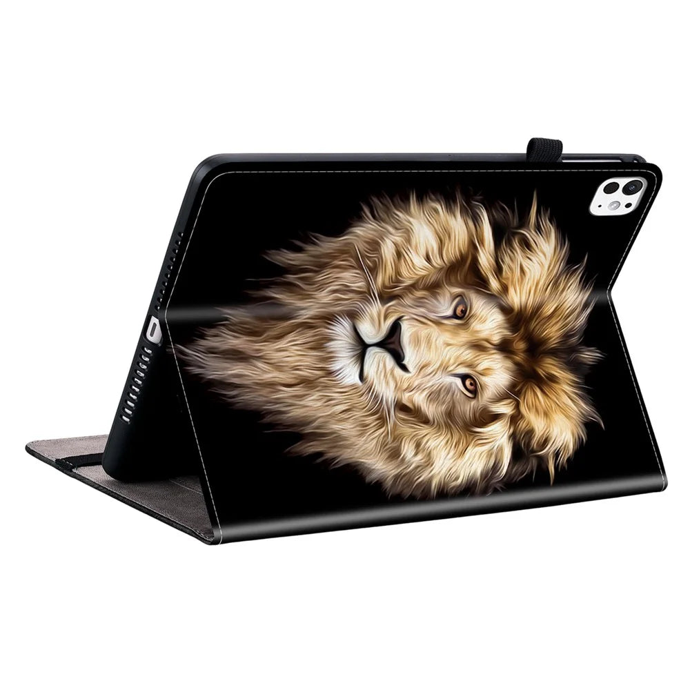 For iPad Pro 13 (2025) / 13 (2024) Leather Case Pattern Printed Stand Tablet Cover with Card Slots - Lion Head - 4