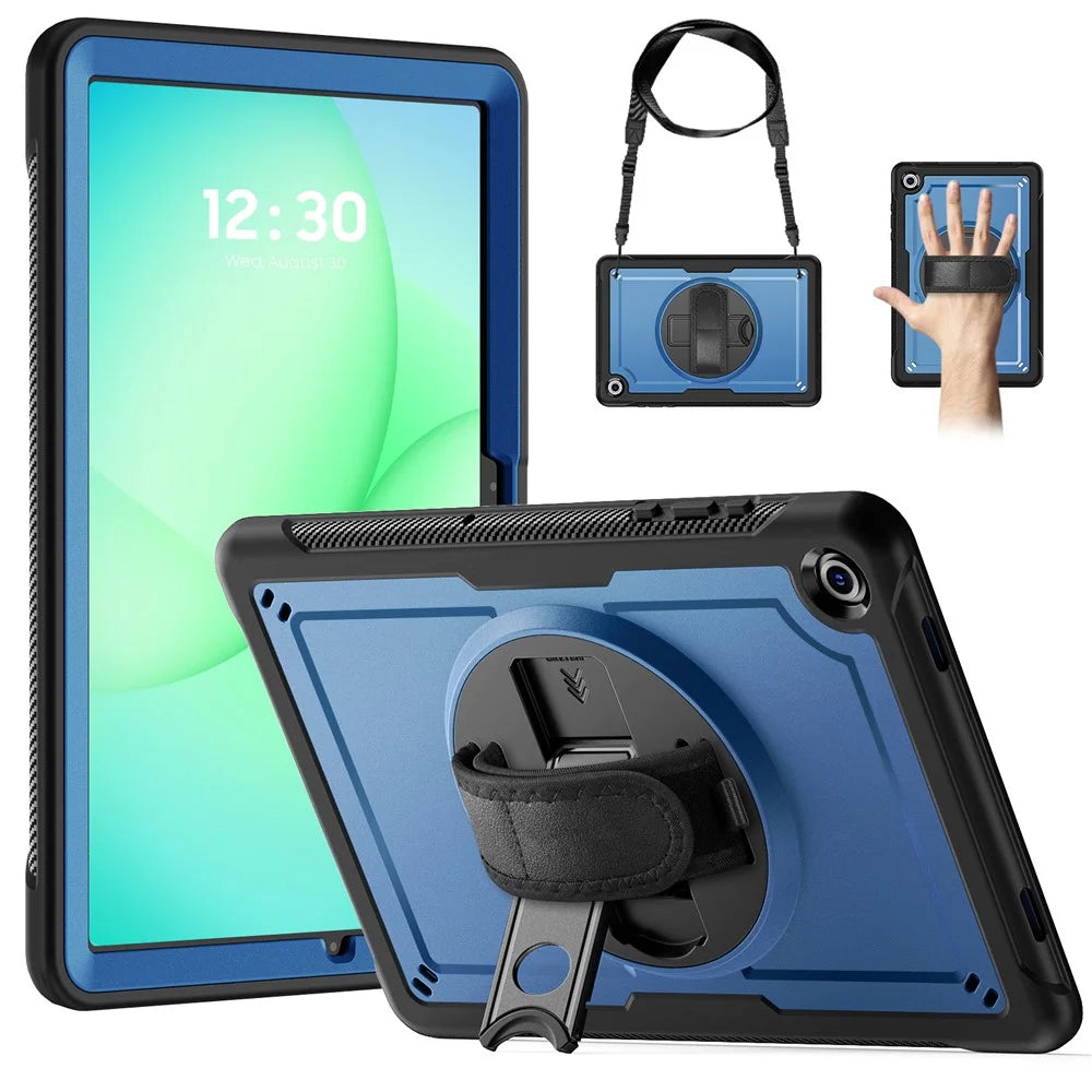 For Samsung Galaxy Tab A11+ / A9+ Case Kickstand PC + TPE Tablet Cover with Hand Strap and Shoulder Strap - Navy Blue - 1