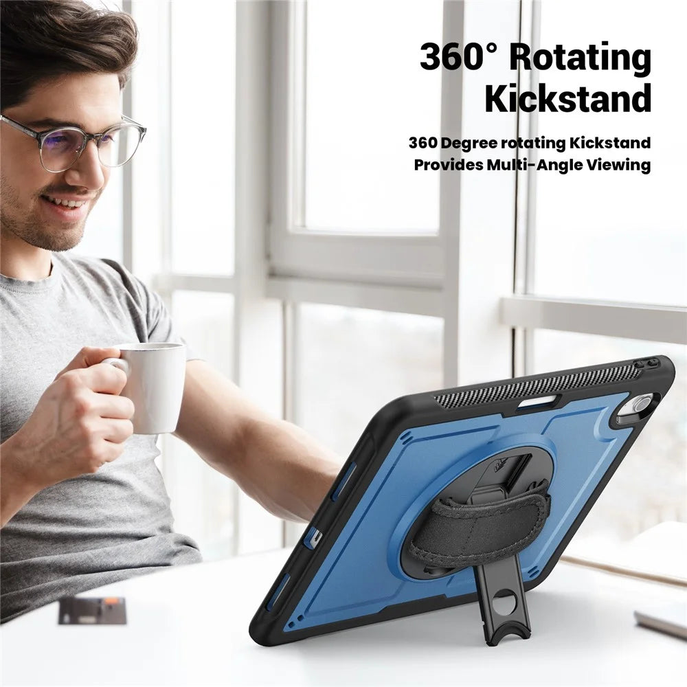 For iPad Air 11 (2026) / (2025) / (2024) Case Rotating Kickstand PC + TPE Shockproof Tablet Cover with Hand Strap - Navy Blue - 2