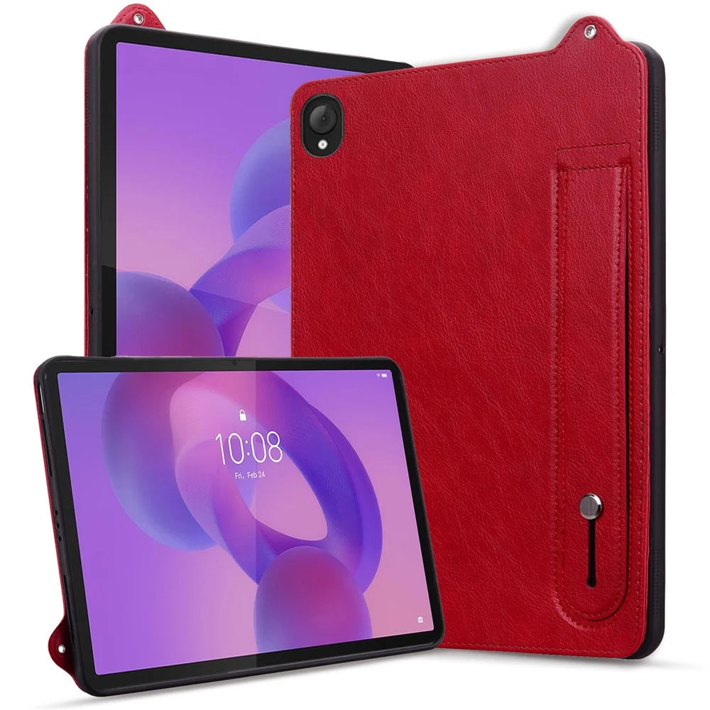 For Lenovo Tab K10C / Tab E10C Case Hand Strap Kickstand Leather Tablet Cover - Red - 5