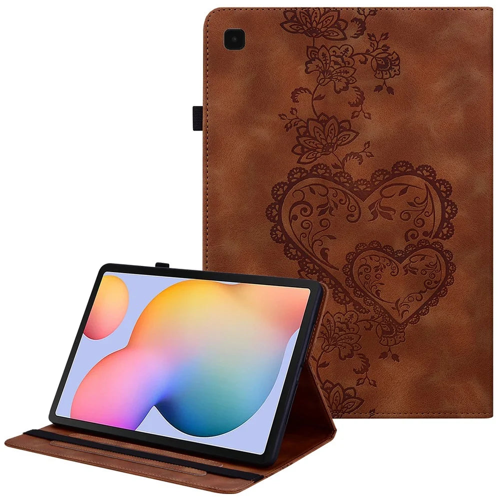 For Samsung Galaxy Tab S6 Lite (2024)  /  (2022) (SM-P610  /  615) Leather Case Heart Imprint Foldable Stand Card Slot Stylus Holder Tablet Cover - Brown - 1