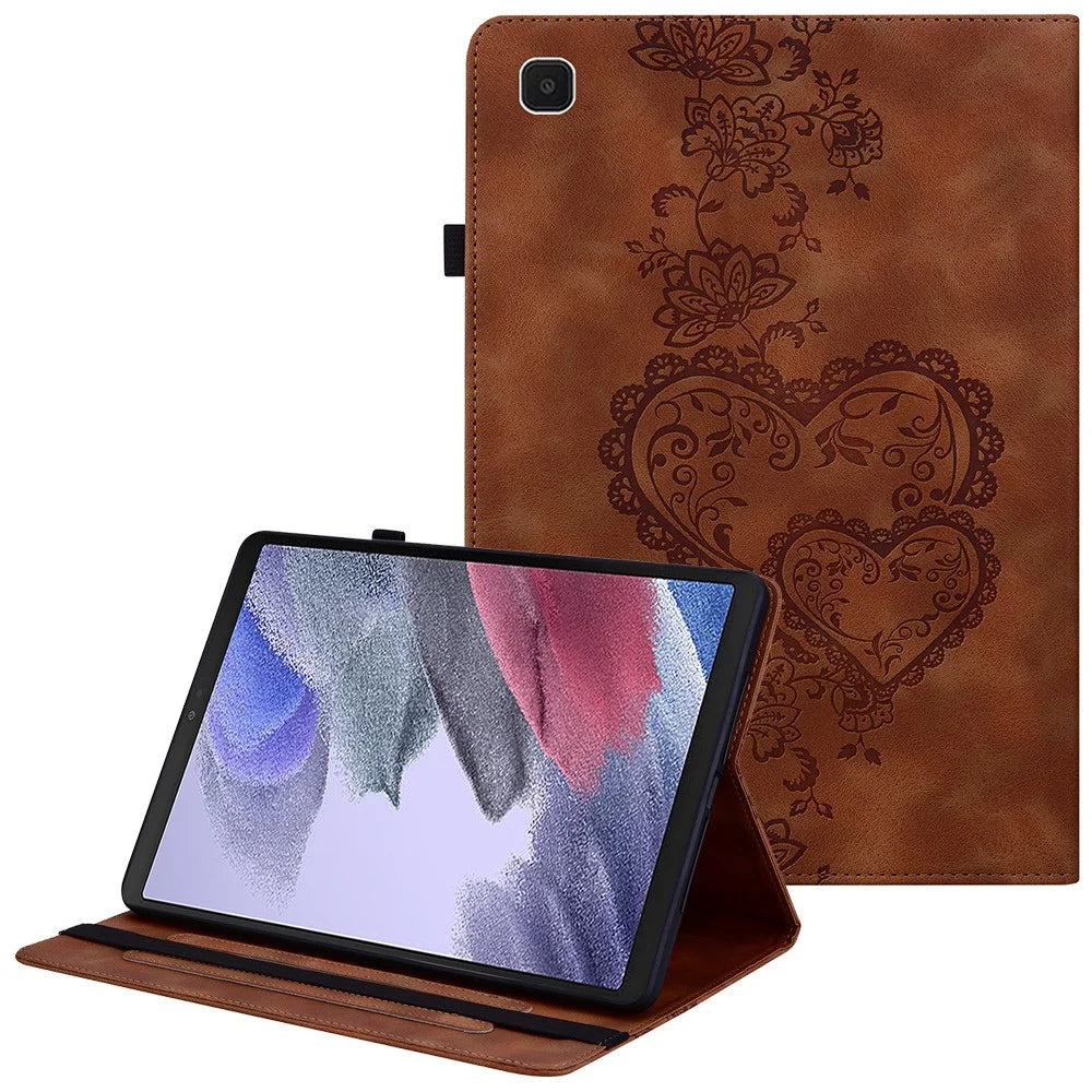 For Samsung Galaxy Tab A7 Lite 8.7-inch (T220  /  T225) Leather Case Heart Imprint Foldable Stand Card Slot Stylus Holder Tablet Cover - Brown - 1