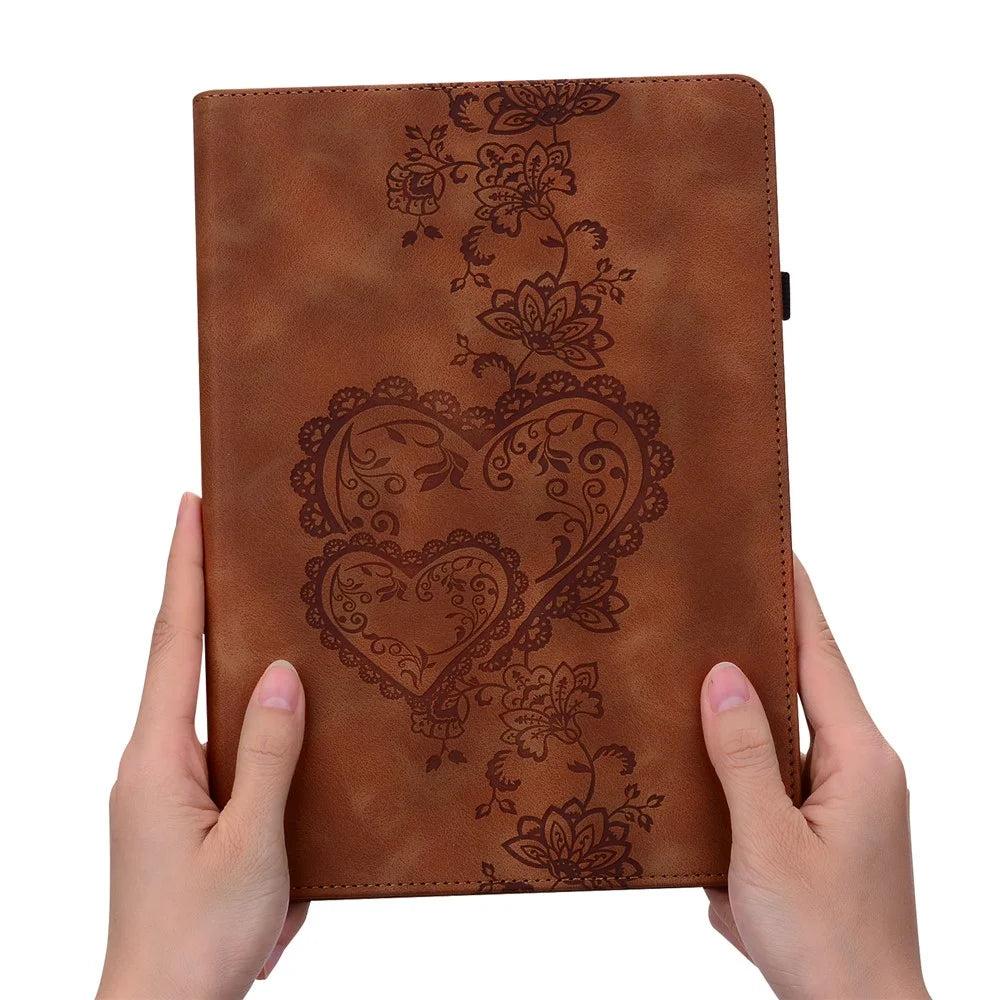 For Samsung Galaxy Tab A7 Lite 8.7-inch (T220  /  T225) Leather Case Heart Imprint Foldable Stand Card Slot Stylus Holder Tablet Cover - Brown - 6